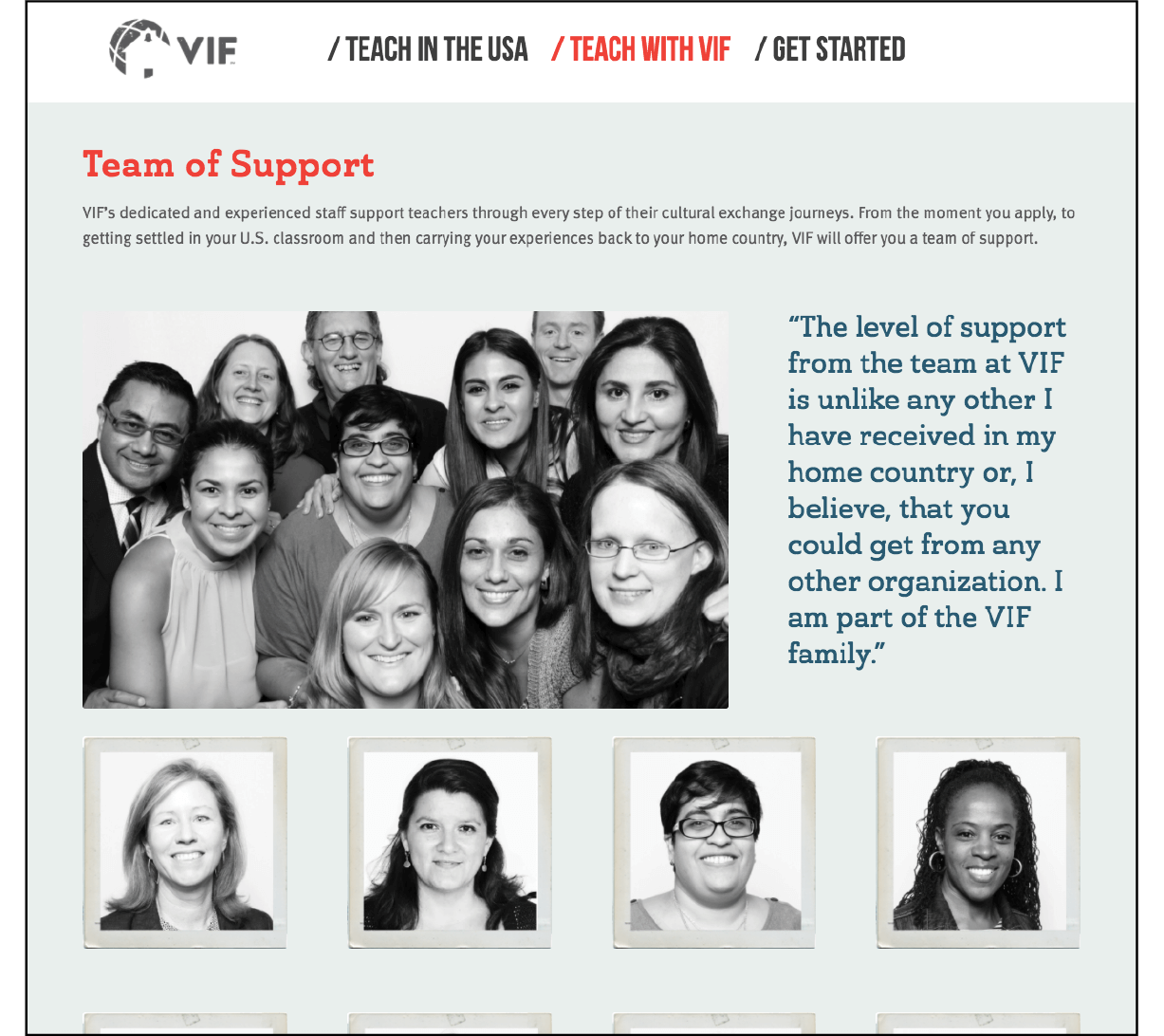 Teacher Resources team page view for vifprogram.com